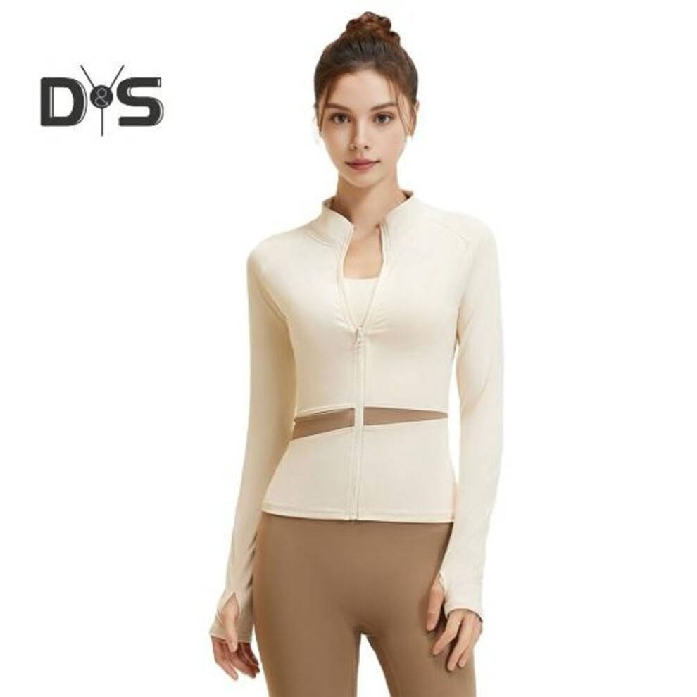 (XL, ivory) Women's Workout Jacket Full Zip Up Cropped Yoga Jacket Long Sleeve Slim Fit Athletic Top Running Track Sportwear For Fitness