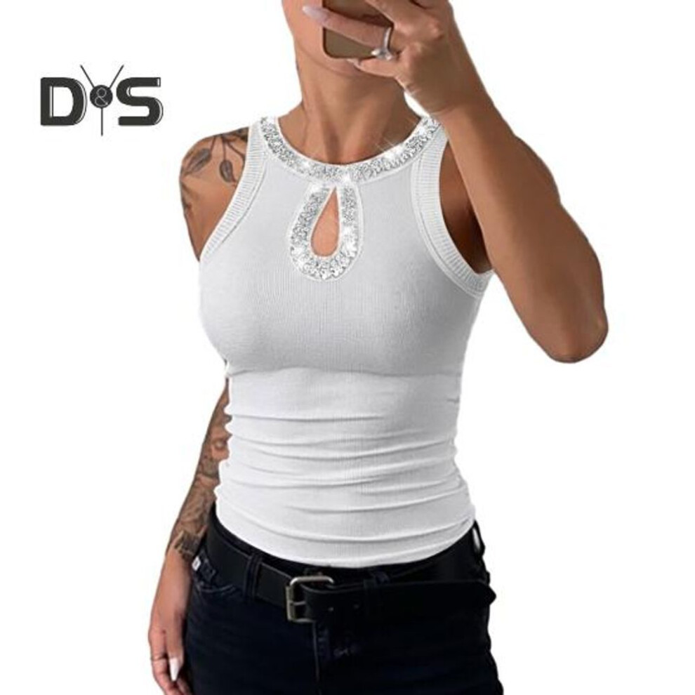 (2XL, white) Women Vest Round Neck Sleeveless Shiny Sequin Decoration Tank Tops Hollow Design Slim Fit Camisole Daily Wear