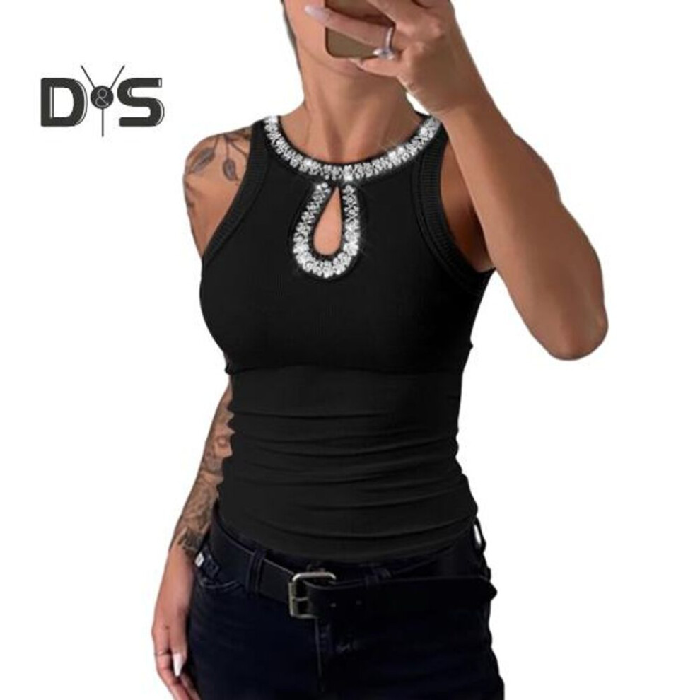 (XL, black) Women Vest Round Neck Sleeveless Shiny Sequin Decoration Tank Tops Hollow Design Slim Fit Camisole Daily Wear