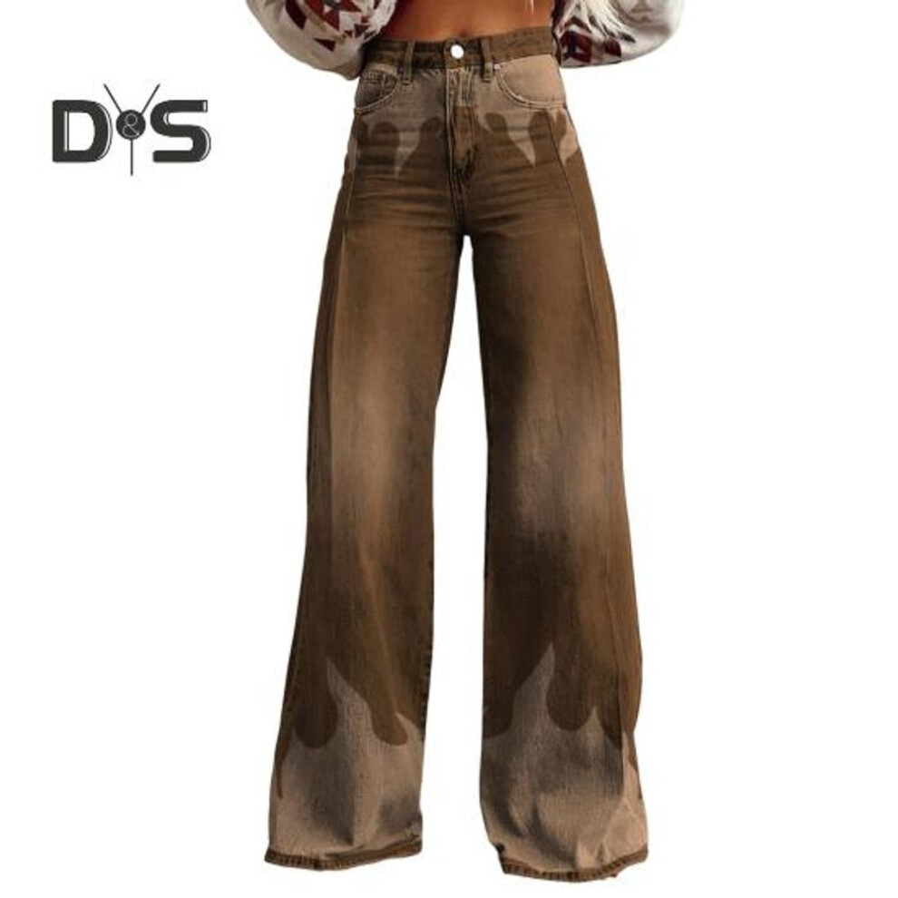 (brown, XXXXL) Women Wide Leg Pants High Waist 3D Print Casual Trousers With Pockets Button Zipper Closure Denim Pants