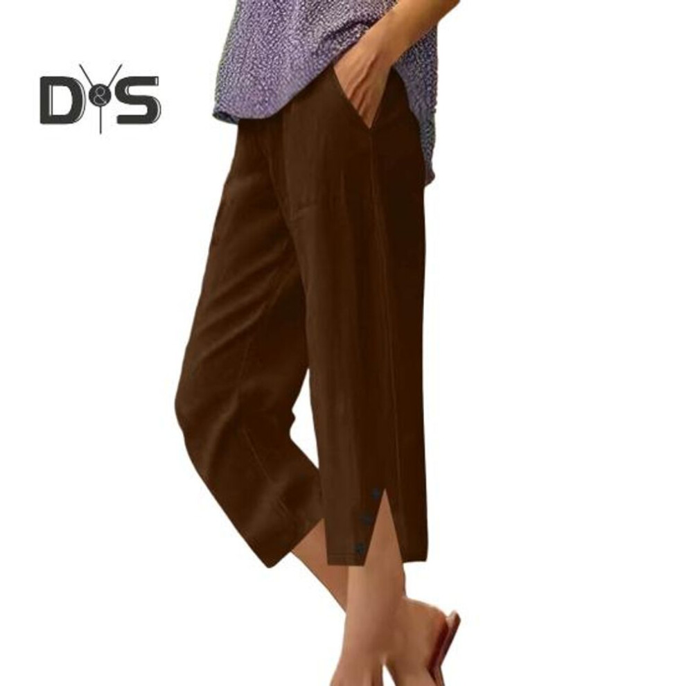 (dark brown, XXL) Women Cropped Pants Elastic Waist Wide Leg Beach Pants With Pockets Solid Color Casual Loose Fit Pants