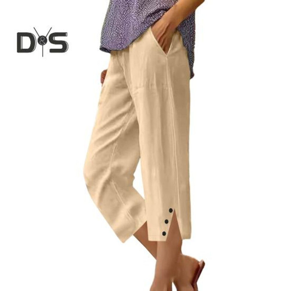 (khaki, L) Women Cropped Pants Elastic Waist Wide Leg Beach Pants With Pockets Solid Color Casual Loose Fit Pants