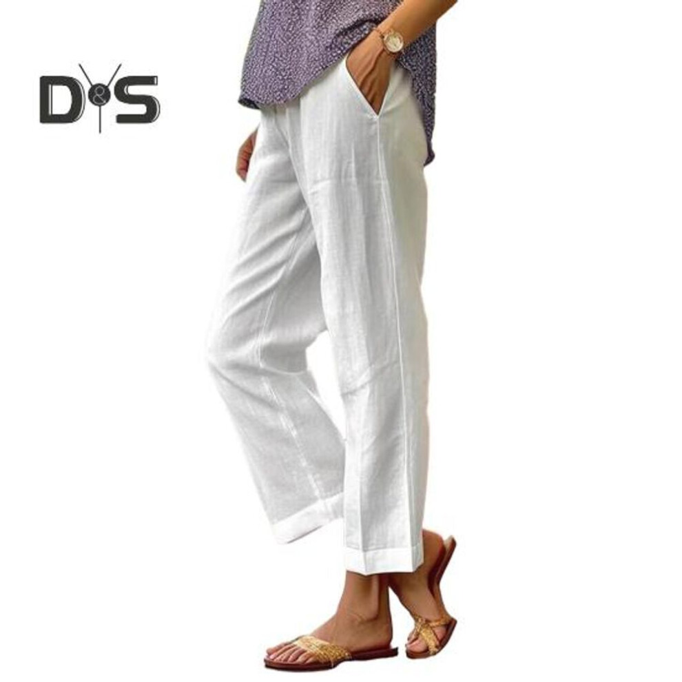 (white, XL) Women Pants Mid-rise Elastic Waist Leisure Pants Solid Color Straight Wide-leg Casual Pants With Pockets