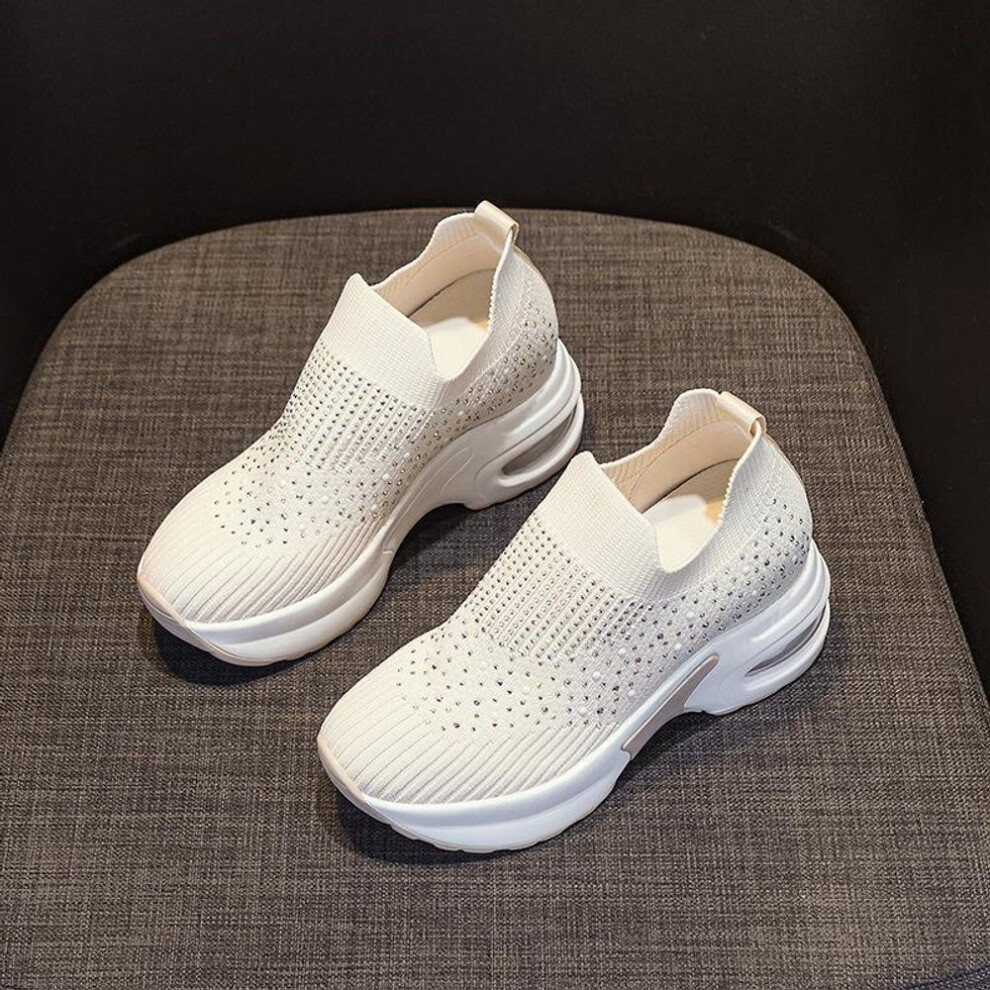 (beige, 35) Height-boosting Women's Air Cushion Mesh Shoes: 2024 Summer Rhinestone & Breathable Design