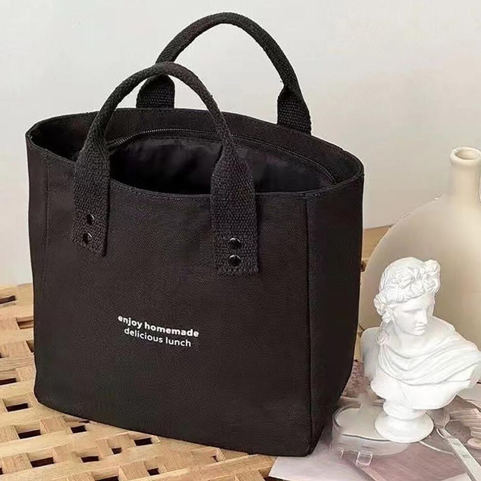 (black) Solid Color Women Tote Bags Portable Reusable Canvas Shopping Bag Large Capacity Lunch Bags