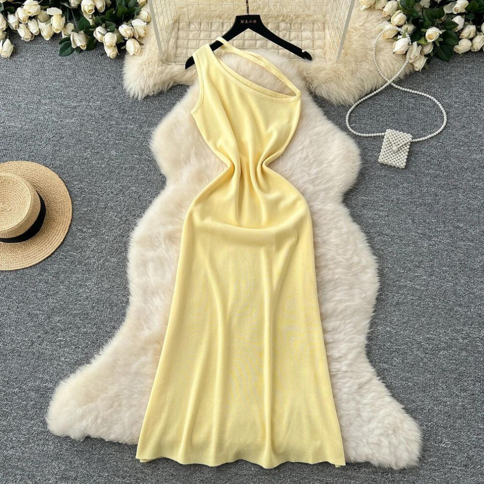 (yellow, One Size) Elegant Sexy High Waist Ruffle Hollow Out Slash Neck Sleeveless Knit Dress Vacation Dresses Slim Women Party Ceremonial Dress