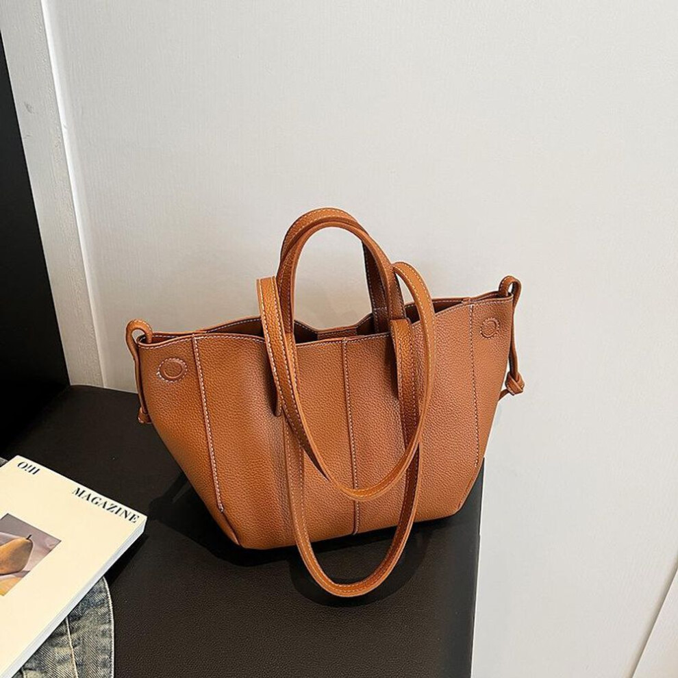 (brown, 22x14x20cm) Yogodlns PU Leather Women's Large Capacity Bucket Shoulder Bags Trend Aesthetic Solid Color Luxury All-match Crossbody Bag