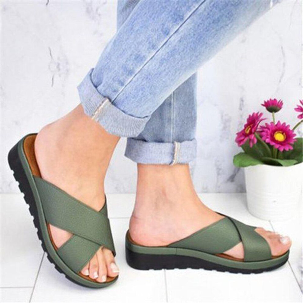 (green, size 39) Women's Large Size Leather Wedge Heel Open Toe Slip-on Sandals - Summer Style