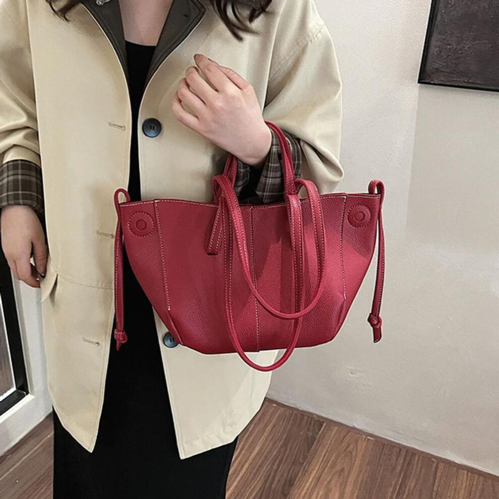 (red, 22x14x20cm) Yogodlns Pu Leather Women's Large Capacity Bucket Shoulder Bags Trend Aesthetic Solid Color Luxury All-match Crossbody Bag