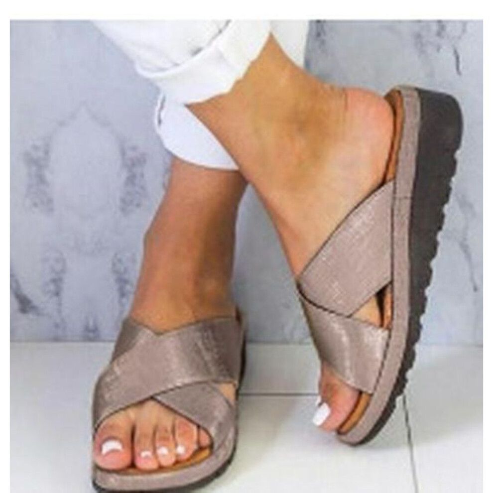 (as the picture, size 37) Women's Large Size Leather Wedge Heel Open Toe Slip-On Sandals - Summer Style