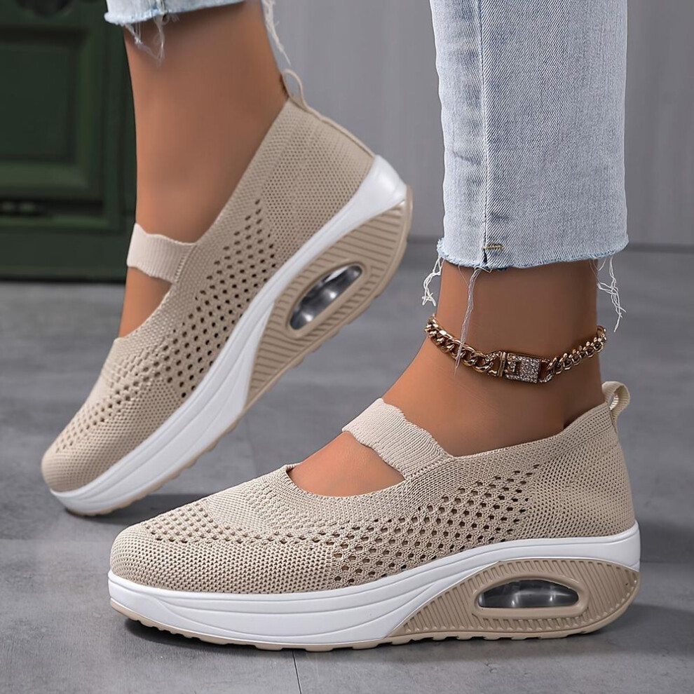 (beige, 39) Women's Breathable Knit Sneakers, Casual Slip On Outdoor Shoes, Comfortable Low Top Shoes Plus Size