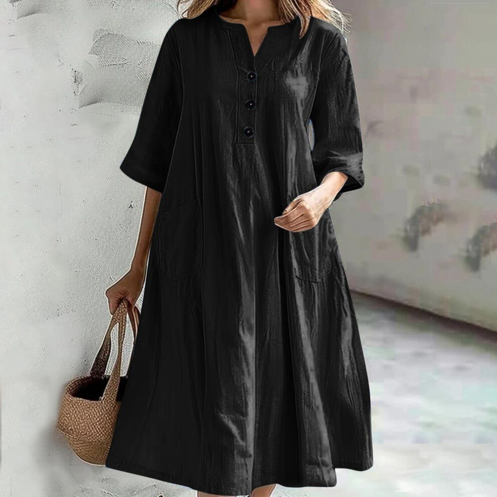 (black, M) Women Fashion 3 Buttons V Neck Dresses Casual Plus Size Half Sleeve Loose Solid Color Cotton Linen Dress
