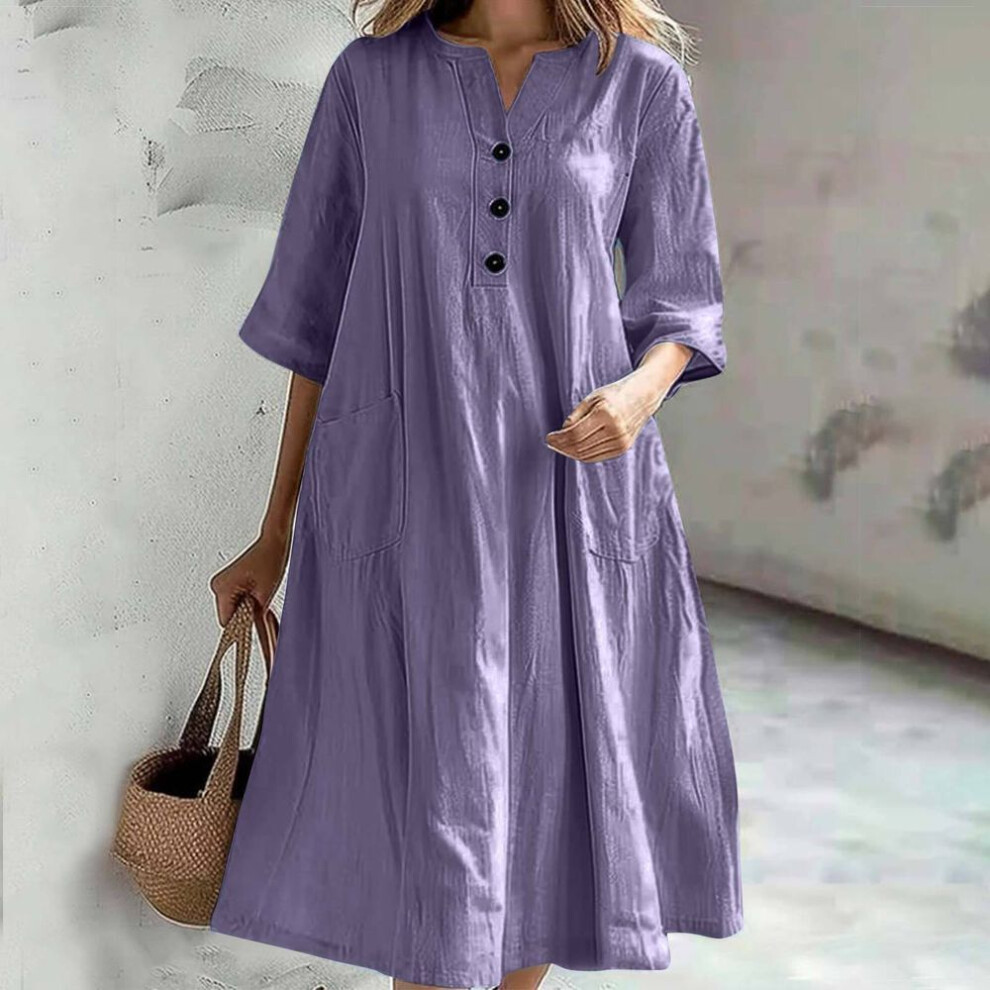 (purple, XXL) Women Fashion 3 Buttons V Neck Dresses Casual Plus Size Half Sleeve Loose Solid Color Cotton Linen Dress
