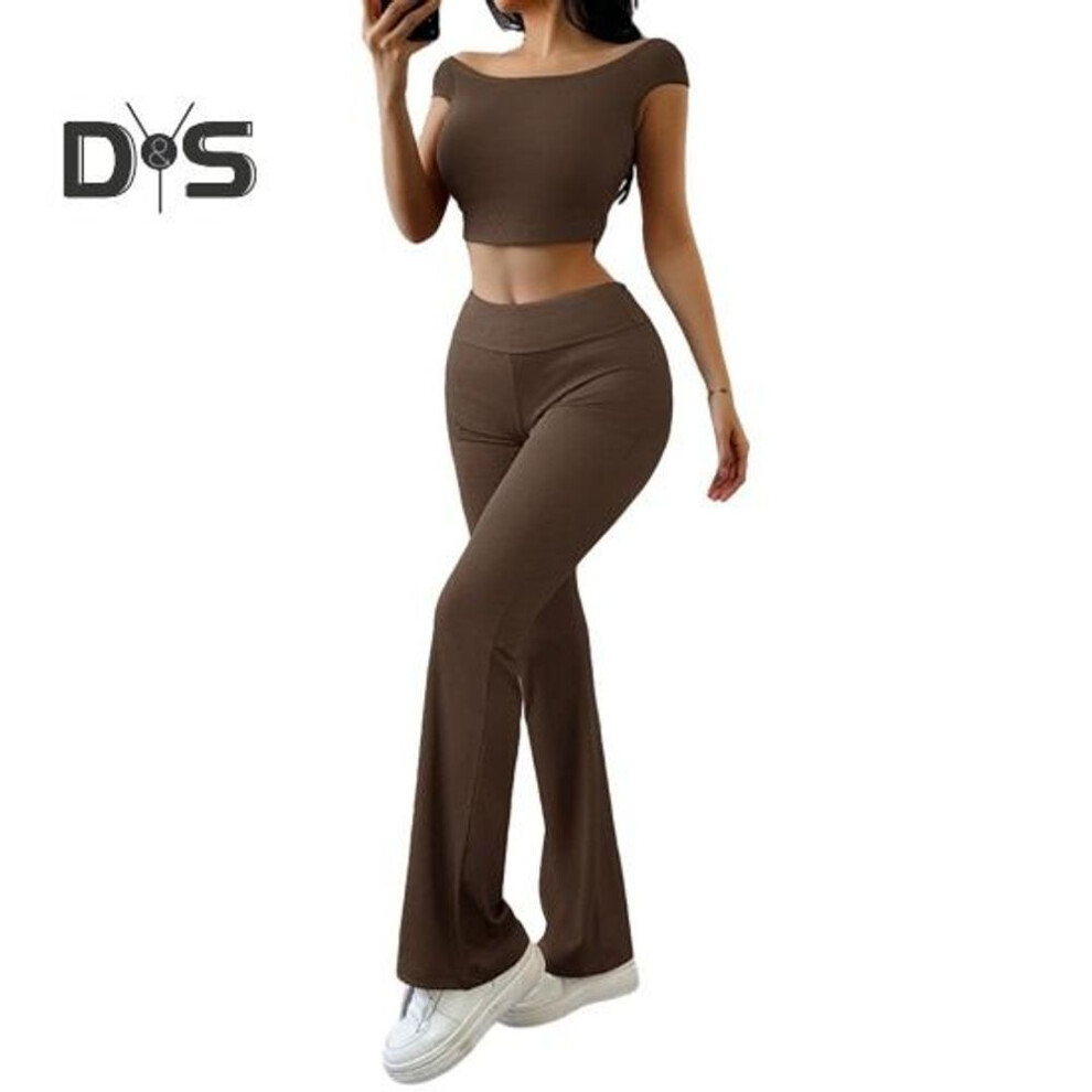 (brown, S) Women's 2 Piece Lounge Outfits Short Sleeve Crop Top High Waisted Flared Pants Workout Suit Casual Bell Bottom Sweatsuit For Yoga Fitness