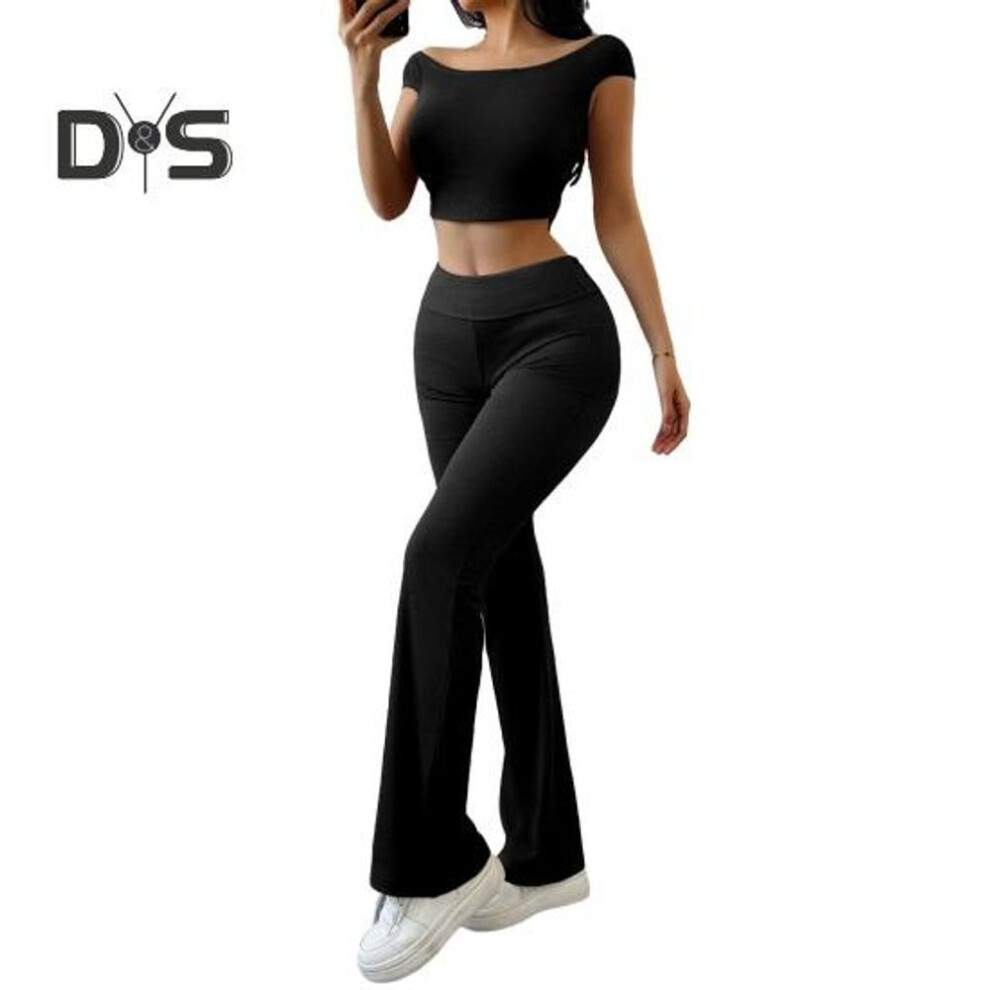 (black, L) Women's 2 Piece Lounge Outfits Short Sleeve Crop Top High Waisted Flared Pants Workout Suit Casual Bell Bottom Sweatsuit For Yoga Fitness