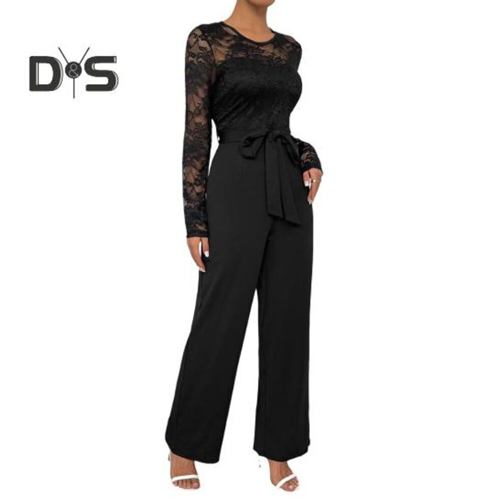 (L, black) Women's Long Sleeve Lace Formal Jumpsuit High Waisted Wide Leg Pants Romper with Belt Summer One Piece Overalls Outfit