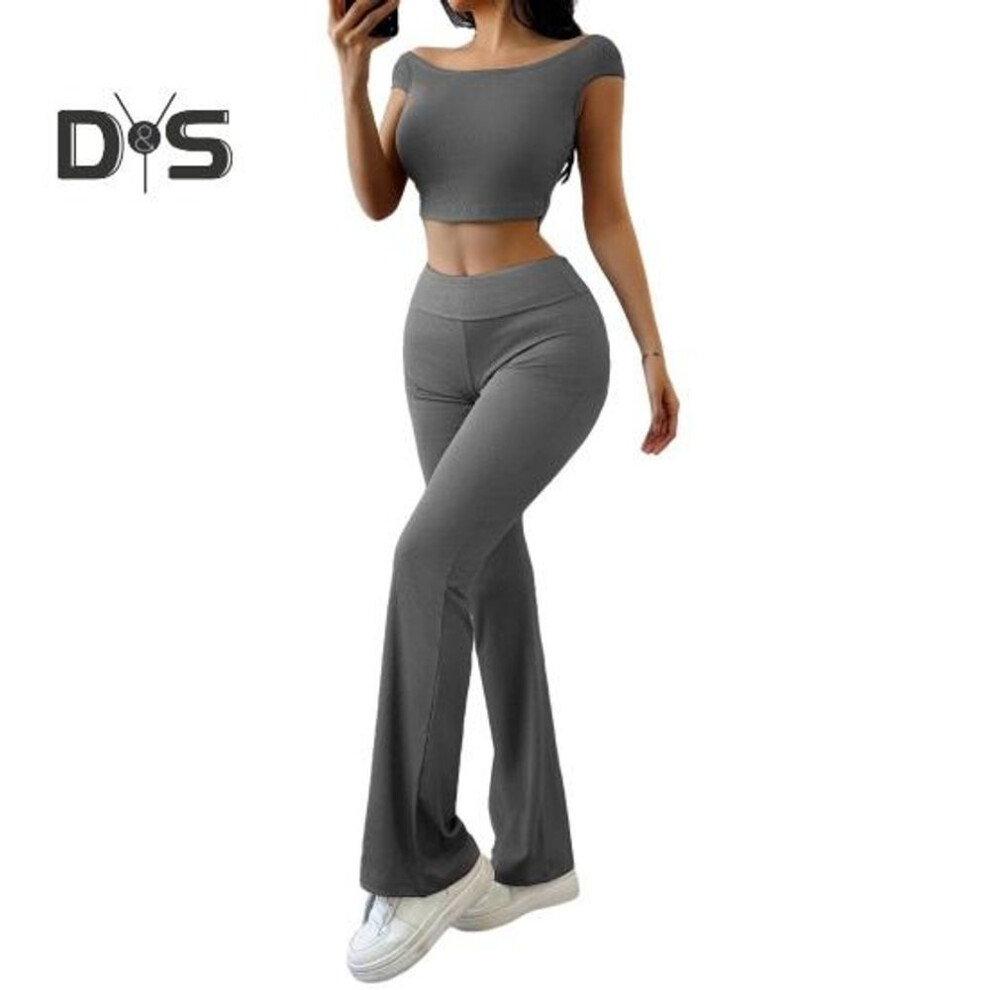 (dark gray, S) Women's 2 Piece Lounge Outfits Short Sleeve Crop Top High Waisted Flared Pants Workout Suit Casual Bell Bottom Sweatsuit For Yoga Fitness