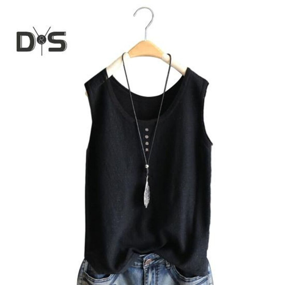 (2XL, black) Women Vest Round Neck Buttons Decor Sleeveless Tank Tops Solid Color Loose Fit Thin Summer Tops Daily Wear