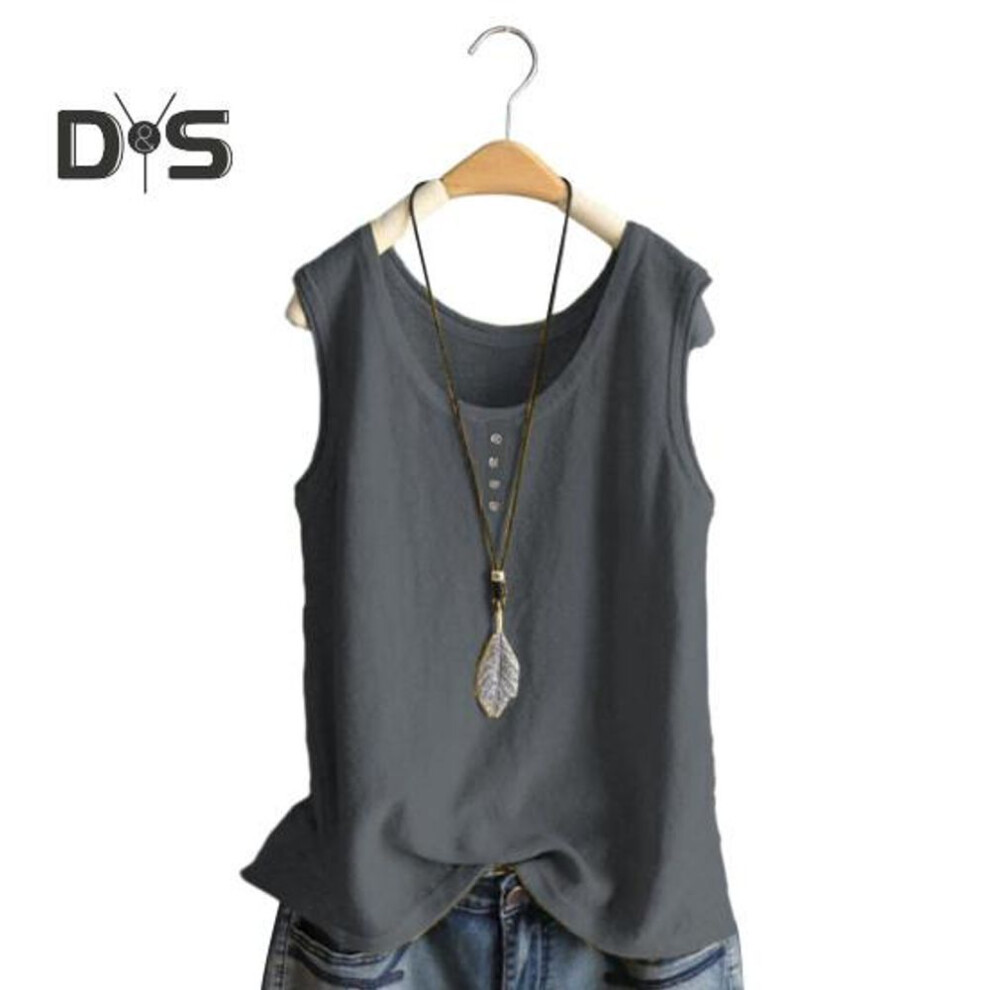 (2XL, grey) Women Vest Round Neck Buttons Decor Sleeveless Tank Tops Solid Color Loose Fit Thin Summer Tops Daily Wear