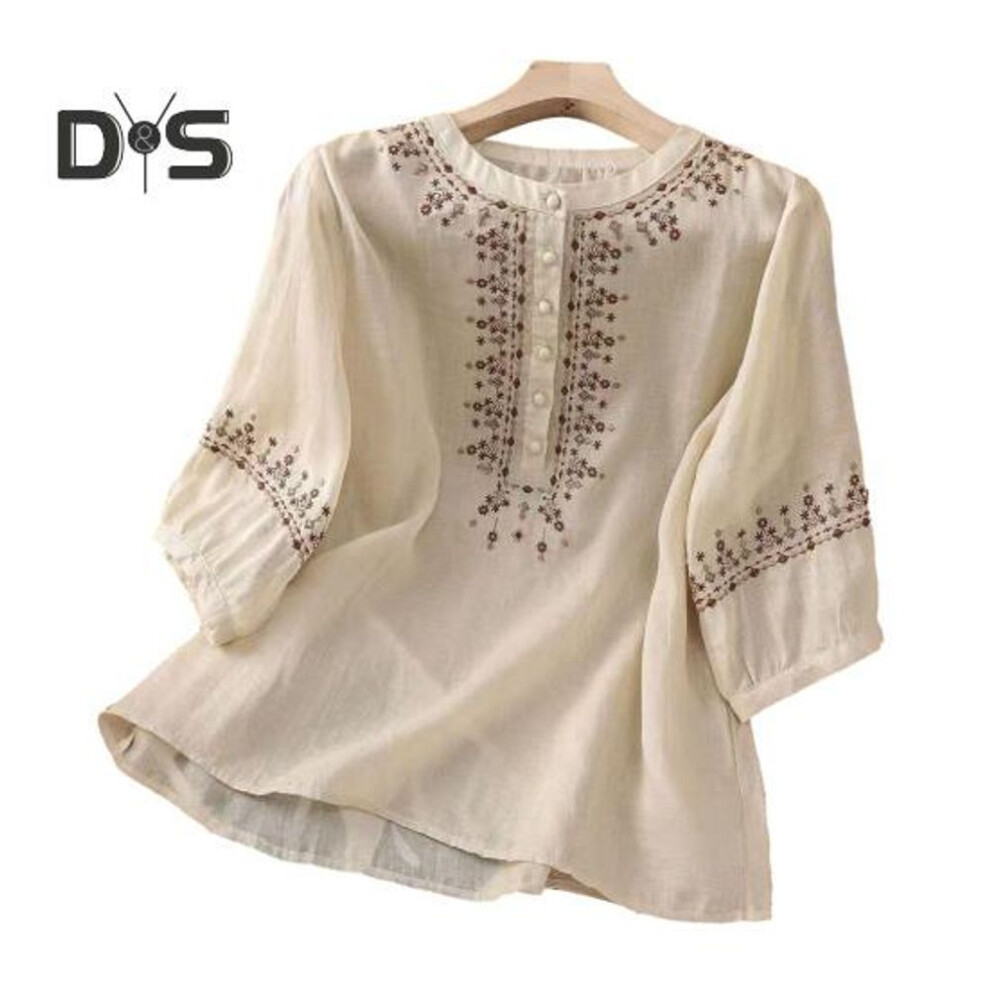 (XXL, apricot) Women Shirt Retro Style Embroidery Flower Pattern Pullover Tops Round Neck 3/4 Sleeve Summer Casual Blouse