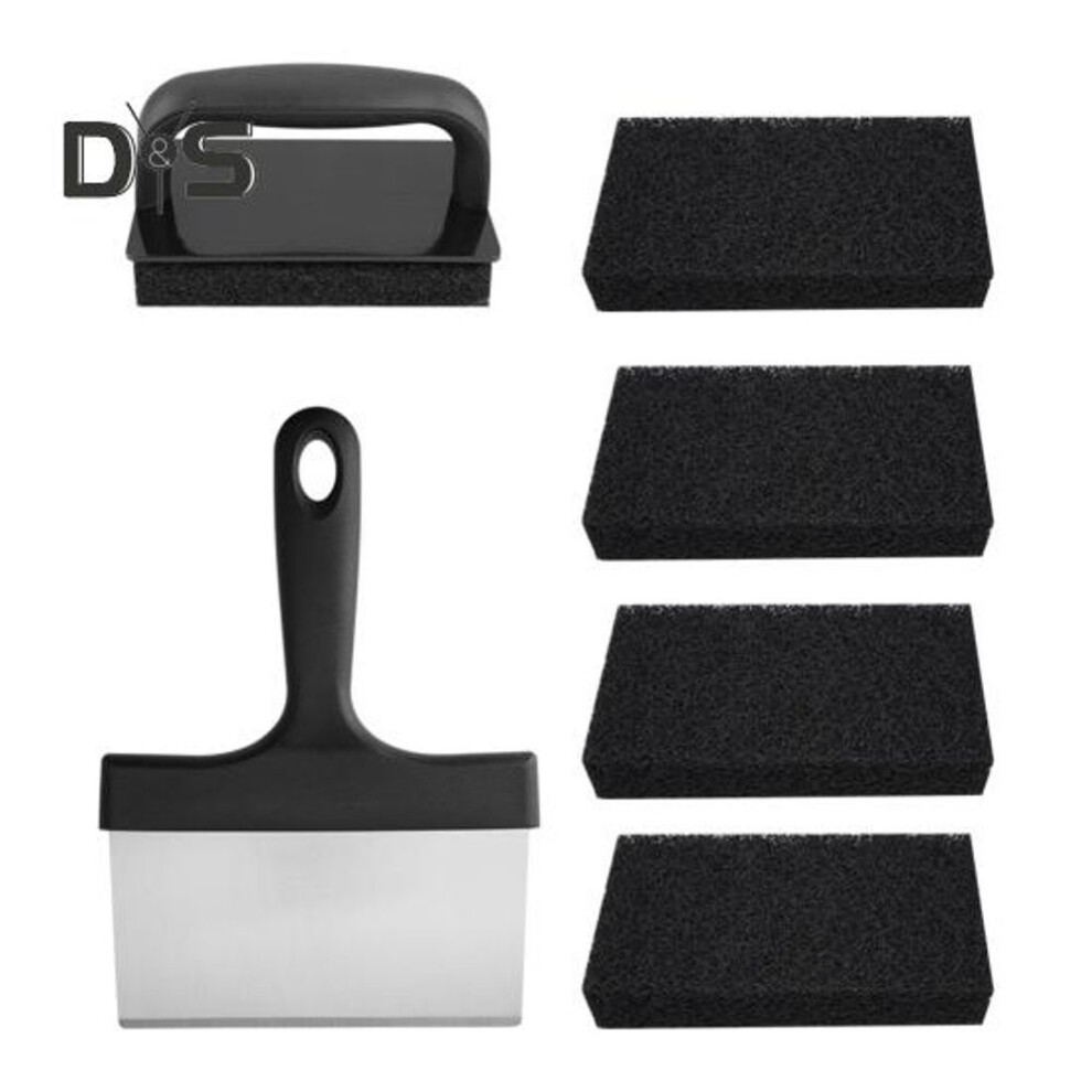 (as the picture, A) Grill Scraper Set Food Scraper With Sponges Heavy Duty Stainless Steel Griddle Cleaning Kit Flat Top Cleaner Tool For Bbq Kitchen