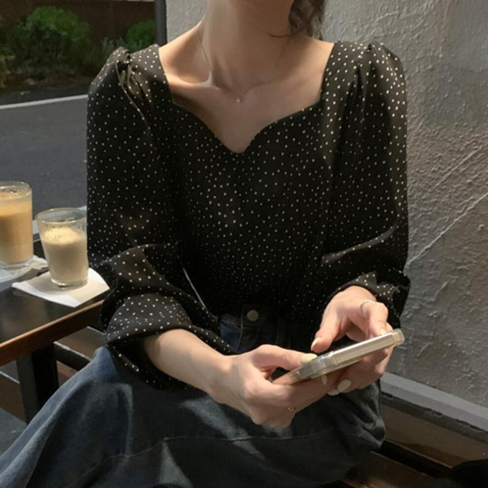 (S, black) Chic Retro Square Neck Polka Dot Casual Blouse Women Loose Tops Puff Sleeve Shirts for Women Fashion Elegant Summer Fashion Slim Elegant Blouses 25987