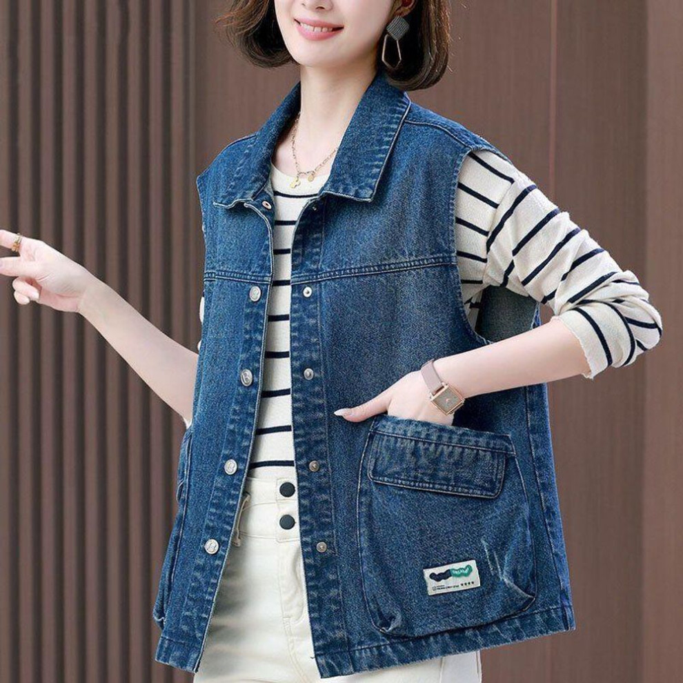 (blue, M [Recommended for 101-120 jin]) 2024 Spring/autumn Women's Loose-fit Denim Vest - Casual, Age-reducing, Large Size, Thin Style
