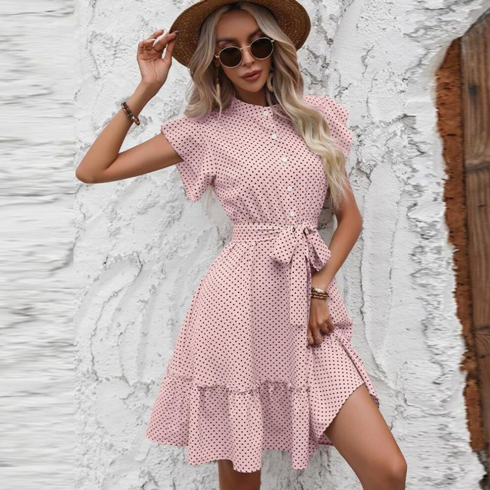 (pink, S) Ladies Temperament Polka Dot Ruffle Sleeve Dress Summer Tie Waist Drawstring A-Line Skirt