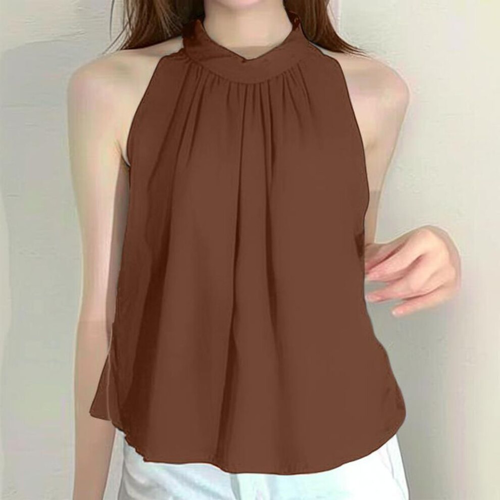 (S, brown) Zanzea Women Casual O-neck Off Shoulder Sleeveless Tank Tops