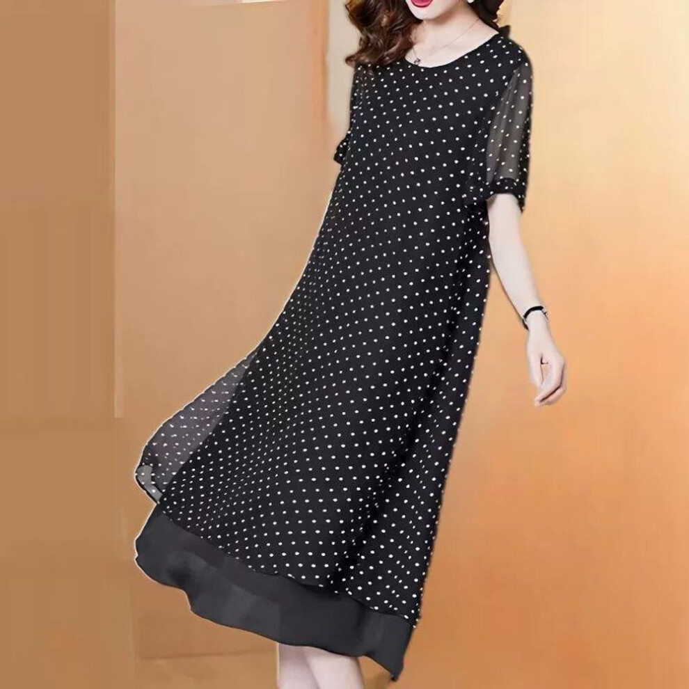 (black, XXL) Summer Short Sleeves Covering Belly High End Chiffon Dress Large Size Loose Dot French Style Long Dress