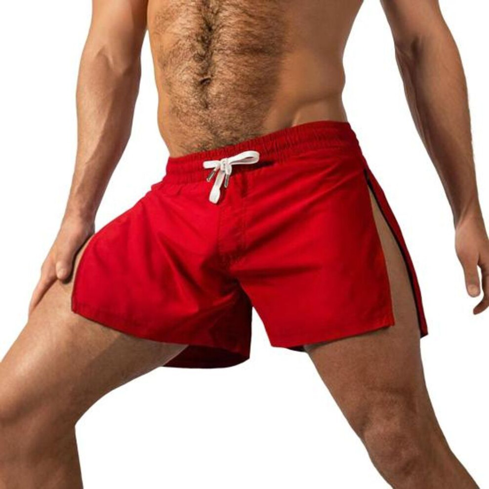 (red, M) Men Fitness Shorts with Side Zipper Quick Drying Breathable Gym Workout Short