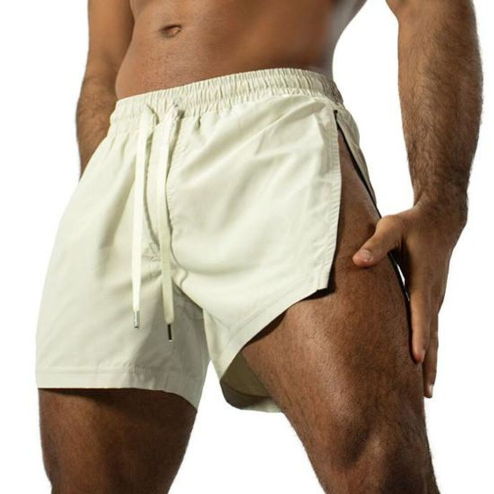 (light yellow, XL) Men Fitness Shorts With Side Zipper Quick Drying Breathable Gym Workout Short