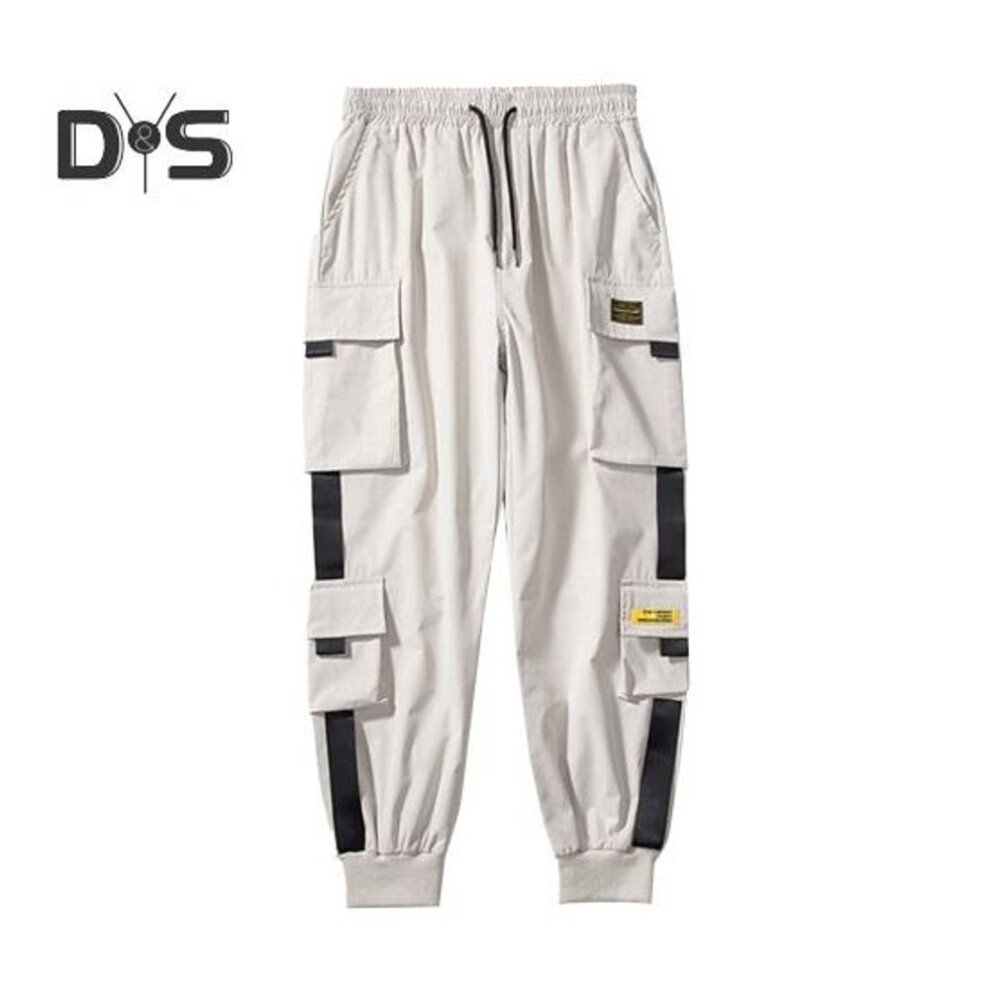 (khaki, 3XL) Men Cargo Pants Loose Ankle-banded Drawstring Elastic Waist Solid Color Multi Pockets Strap Decor Fitness Streetwear Outdoor Travel Sport Trousers
