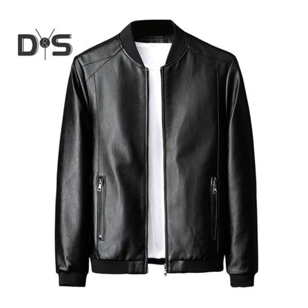 (black, XXXL) Men Coat Stand Collar Long Sleeve Faux Leather Jacket with Pockets Solid Color Elastic Hem Motorcycle Jacket