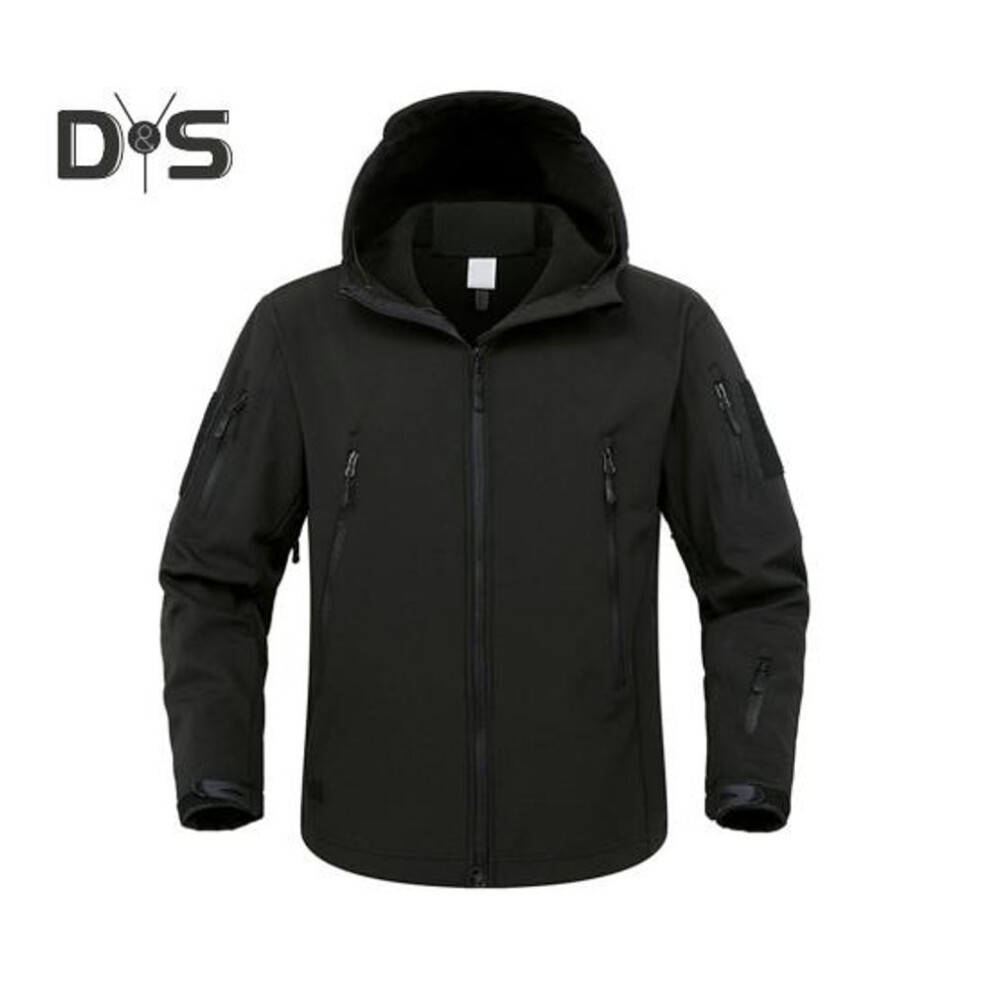 (black, M) Men Jacket Hooded Long Sleeve Solid Color Jacket Coat With Multi Pockets Zipper Placket Outdoor Trench Outwear