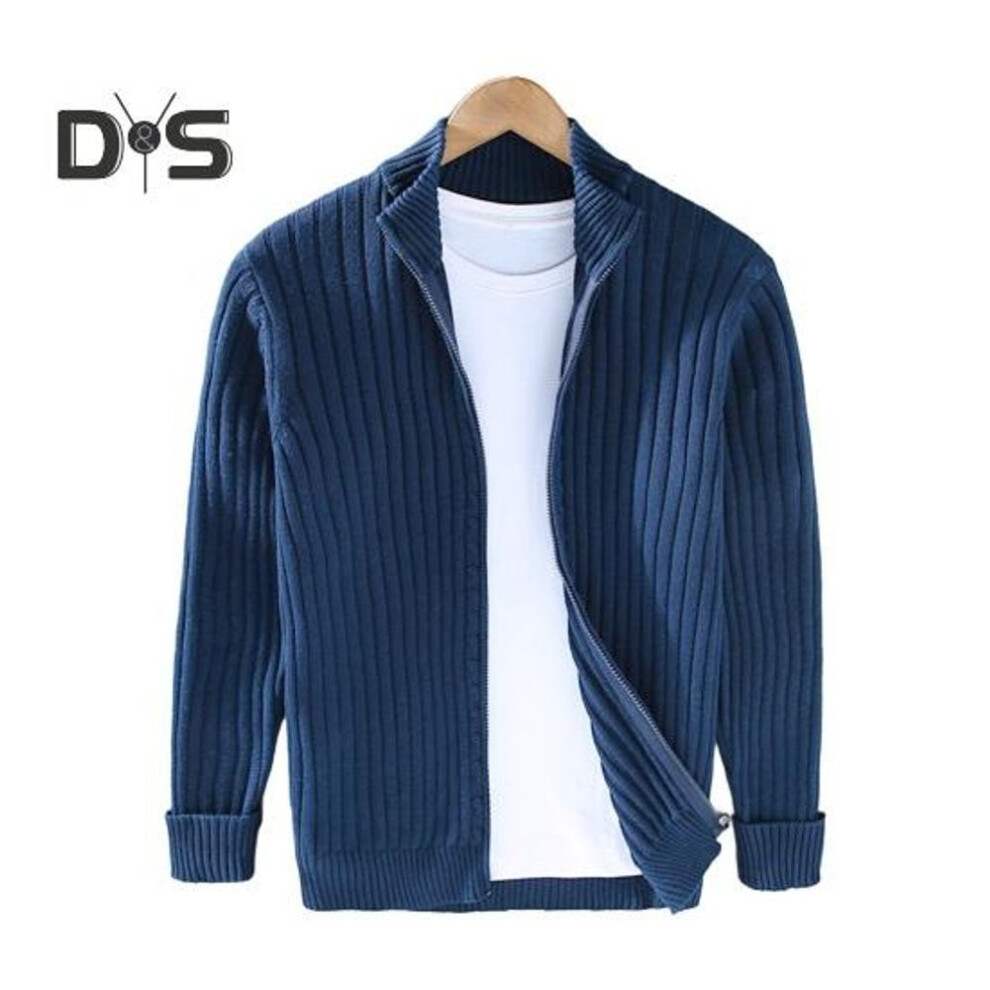 (dark blue, L) Fall Winter Men Coat Zipper Closure Knitted Cardigan Stand Collar Long Sleeves Solid Color Thick Elastic Loose Striped Texture Daily Wear Knit Jacket