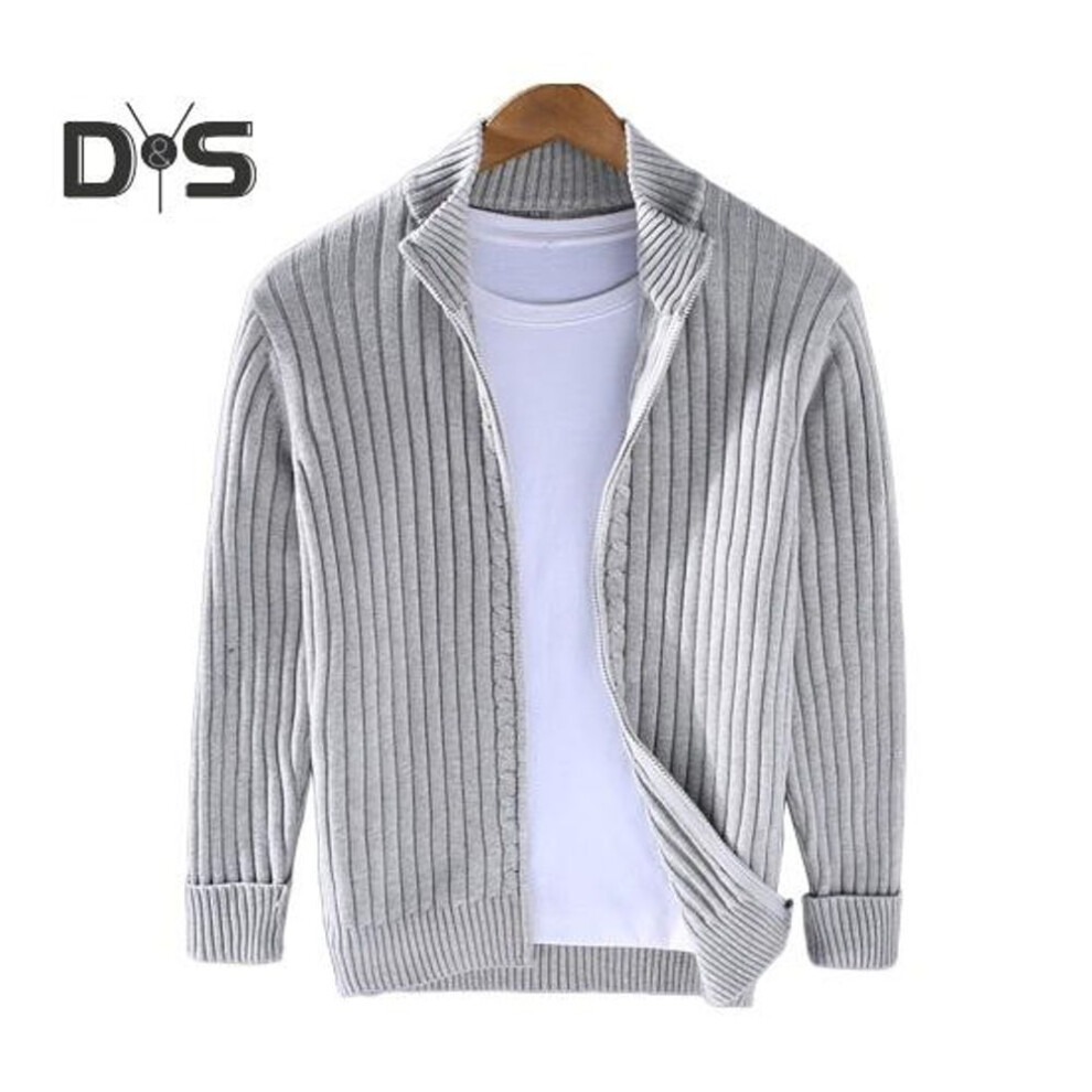 (light grey, 2XL) Fall Winter Men Coat Zipper Closure Knitted Cardigan Stand Collar Long Sleeves Solid Color Thick Elastic Loose Striped Texture Daily Wear Knit Jacket
