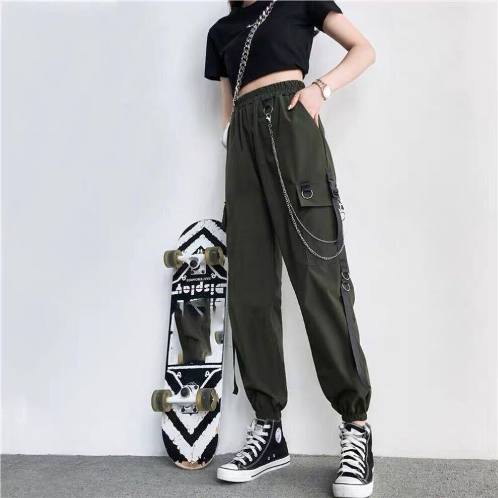 (dark green, XS) Women Cargo Pants Black Joggers High Waisted Harajuku Harem Pants Punk Goth Techwear Chain Trousers Female Hip Hop
