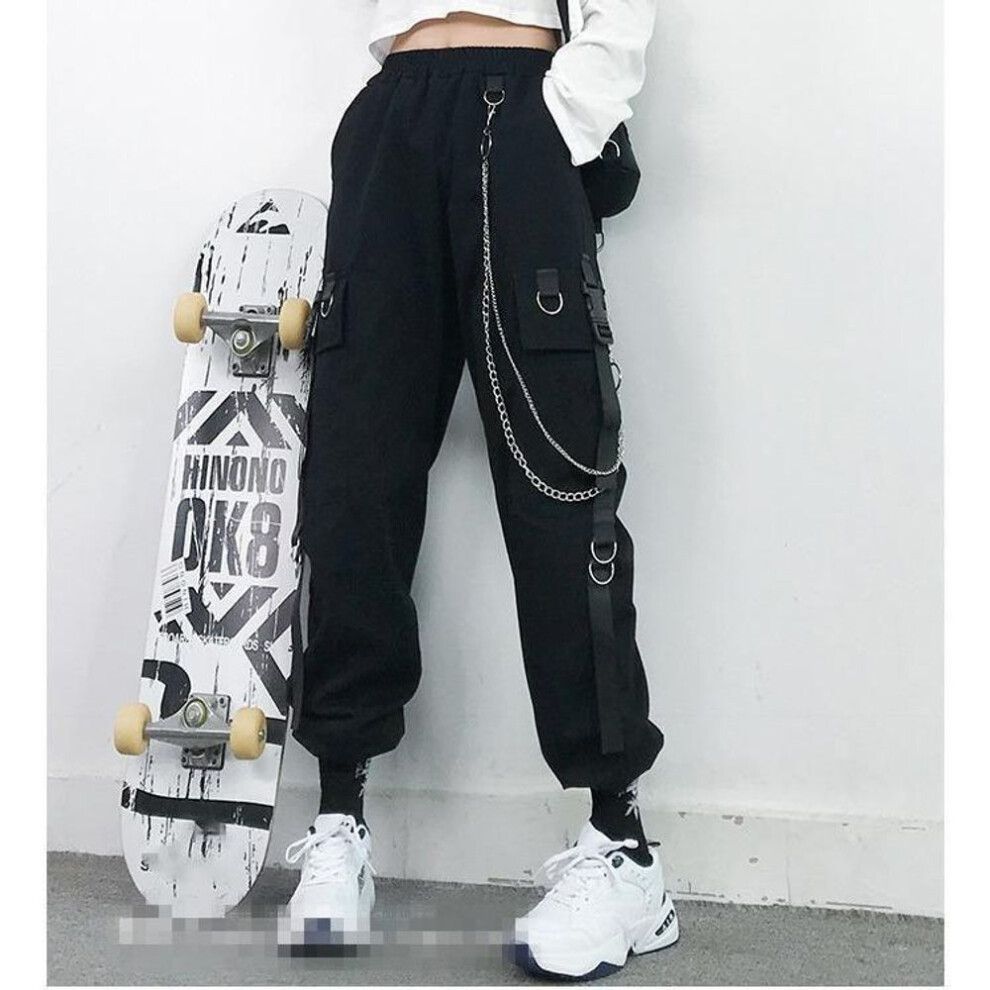 (black, XXXXXL) Women Cargo Pants Black Joggers High Waisted Harajuku Harem Pants Punk Goth Techwear Chain Trousers Female Hip Hop
