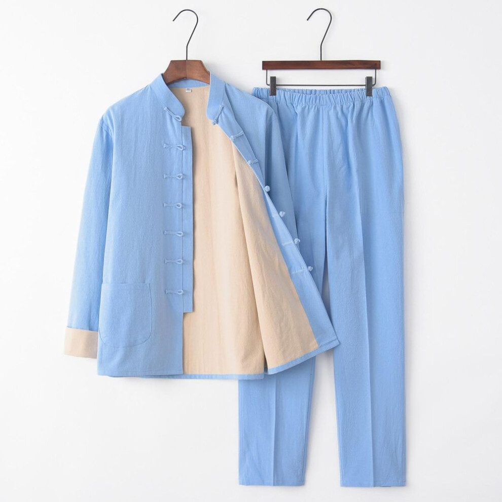 (XXL, light blue) Traditional Chinese Style Men Cotton Linen Tops Pants Hanfu Tang Suit Kung Fu Tai Chi Uniform Oriental Fashion Clothing Sets