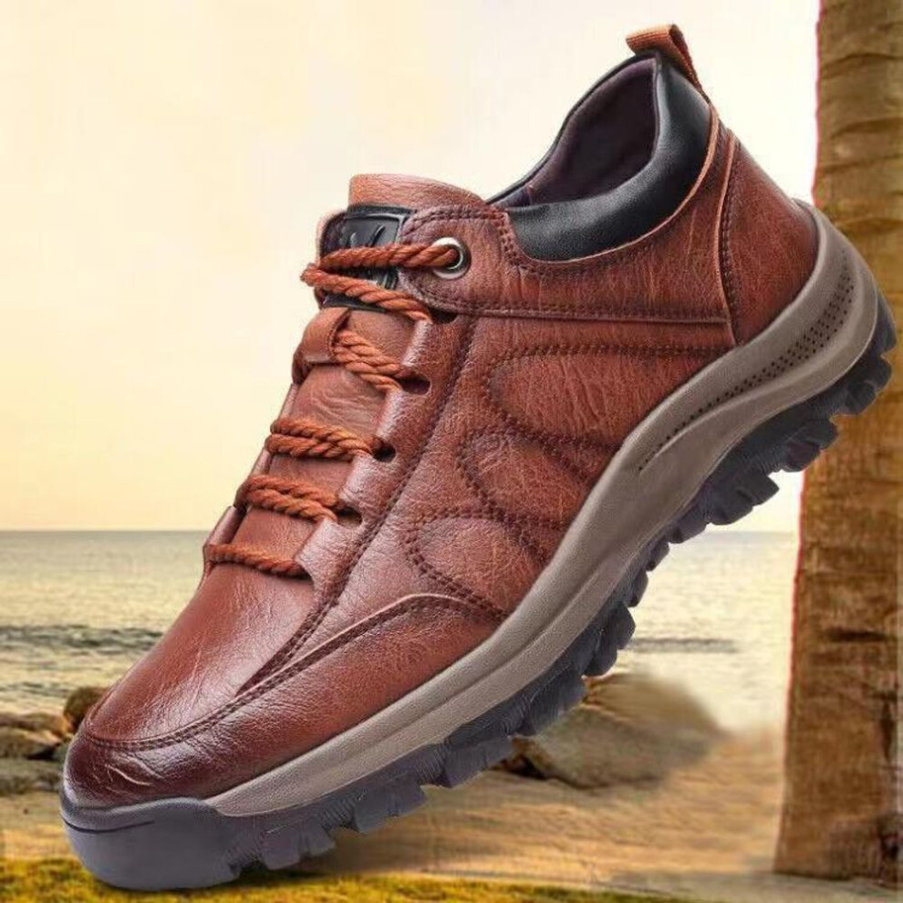 (brown, 40) 2024 Men's Large Size Leather Hiking Shoes - Non-slip, British Casual Style