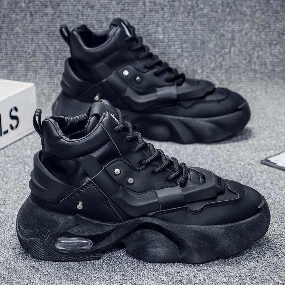 (black, 43) Men's 2024 High-top Leather Running Shoes: Height-boosting, Thick-soled, Non-slip, Casual Sports Footwear