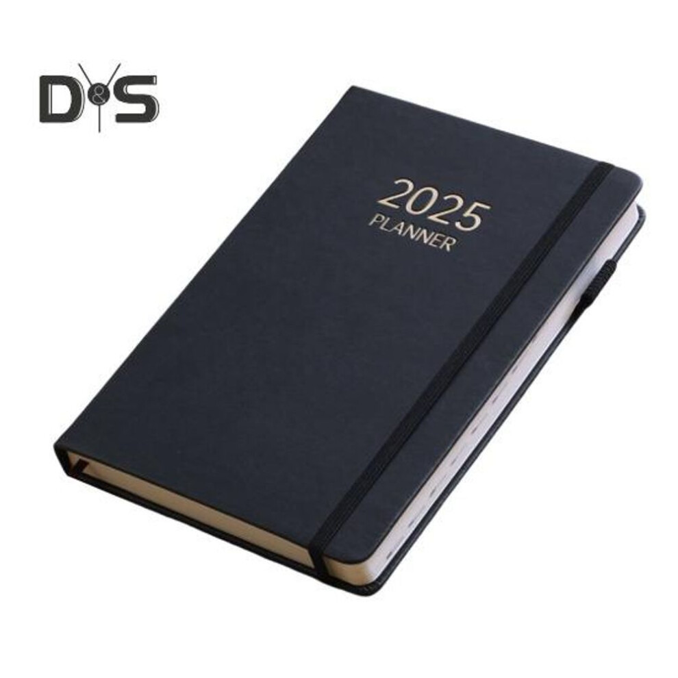 (black) 2025 Planner Notebook Daily Weekly Monthly Calendar Notepad Thick Paper Anti-bleed Design Faux Leather Cover Office Study Planner