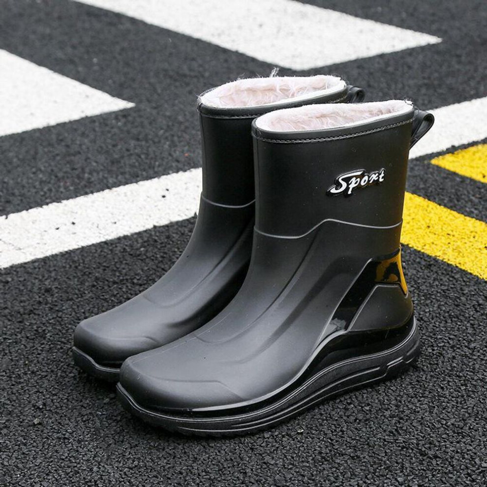 (black, velvet, 43, two sizes smaller) Men's Non-slip Mid-tube Elastic Cuff Rain Boots For Outdoor Fishing And Car Wash