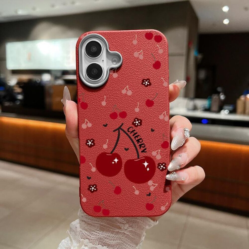 (red, iPhone 16 Pro) Cherry Patterned Phone Case for iPhone 16 Pro 15 14 Plus 13 12 Pro Max 11 Shockproof Leather Texture Soft Tpu Slim Matte Case Cover