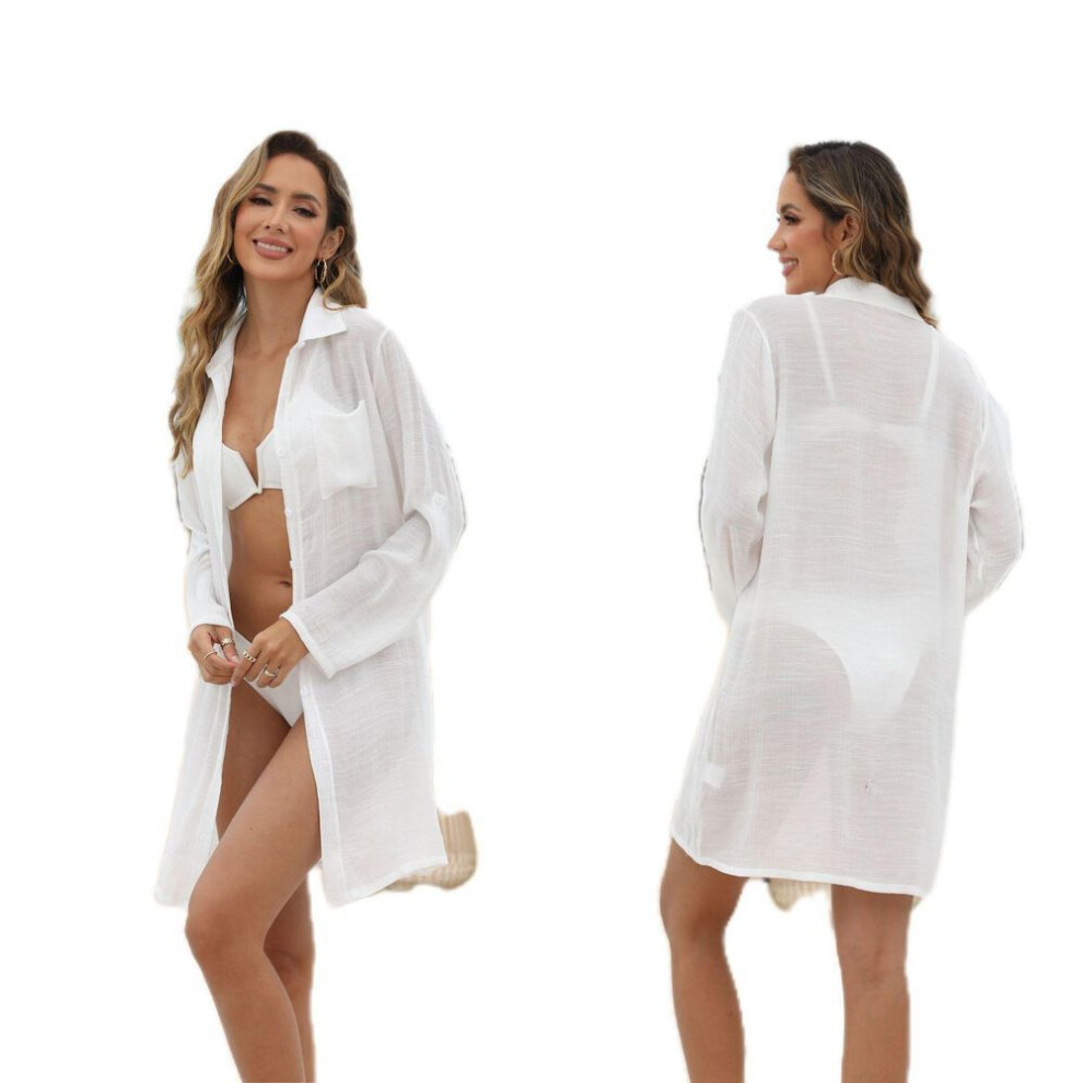 (One Size, white) European-American Style Bamboo Cotton Sun Protection Swimsuit Cover-Up