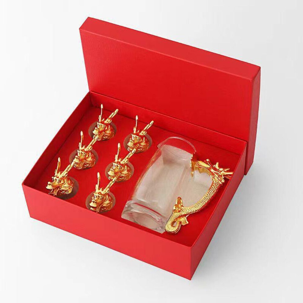 (as the picture, One pot six cups) Chinese Zodiac Dragon Wine Glass Set - Elegant Animal Head Cup Gift Box Promo