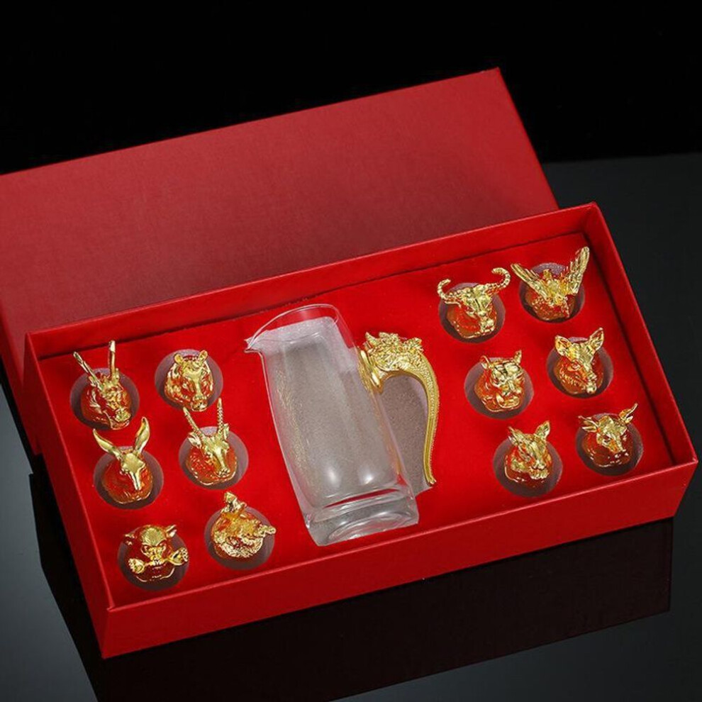(red, Gift Box Set) Chinese Zodiac Dragon Wine Glass Set - Elegant Animal Head Cup Gift Box Promo