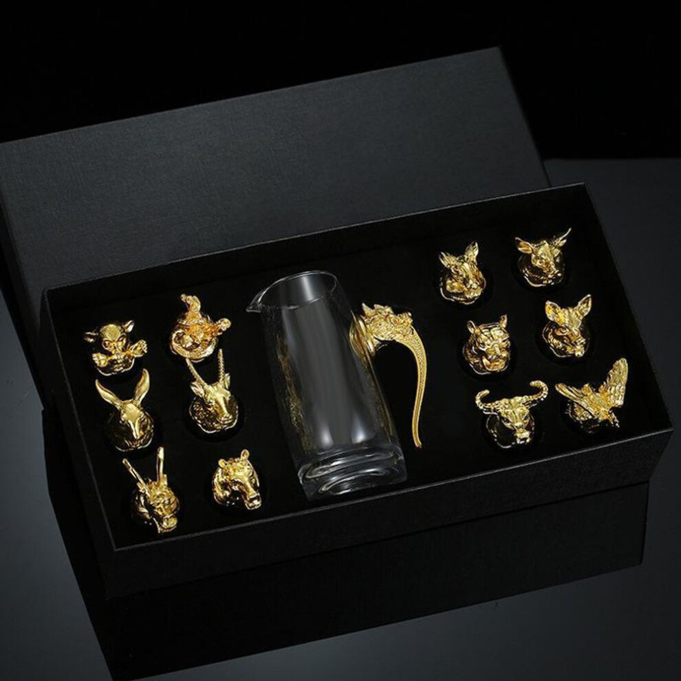 (black, Gift Box Set) Chinese Zodiac Dragon Wine Glass Set - Elegant Animal Head Cup Gift Box Promo