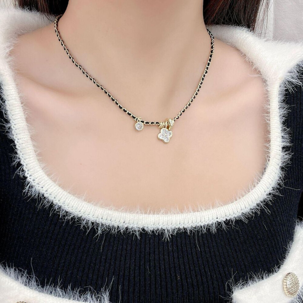 (black, N1353) Black Gold Diamond Four-leaf Flower Necklace & Braided Leather Bracelet For Women - Elegant Chinese Style Fashion